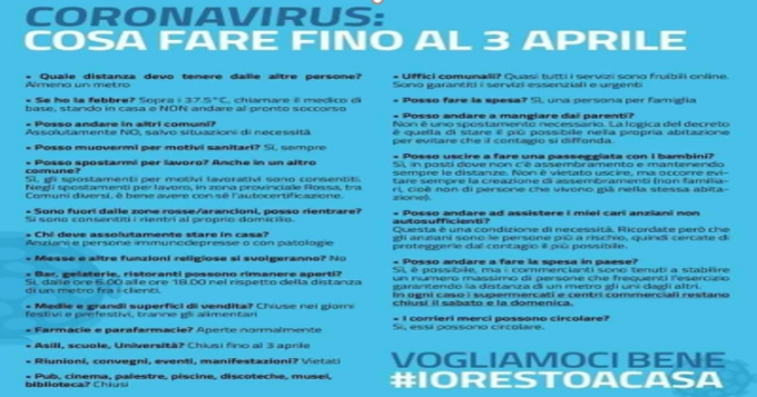 Coronavirus, ecco le disposizioni fino al 3 Aprile 2020
